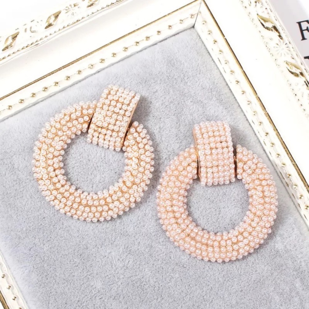 Cluster Pearl Retro Stud Gold Drop Hoop Earrings